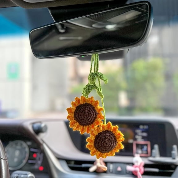 Prichor 2 Pieces Handmade Sunflower Car Accessories Sunflower Pendants Car Mirror Hanging Accessories