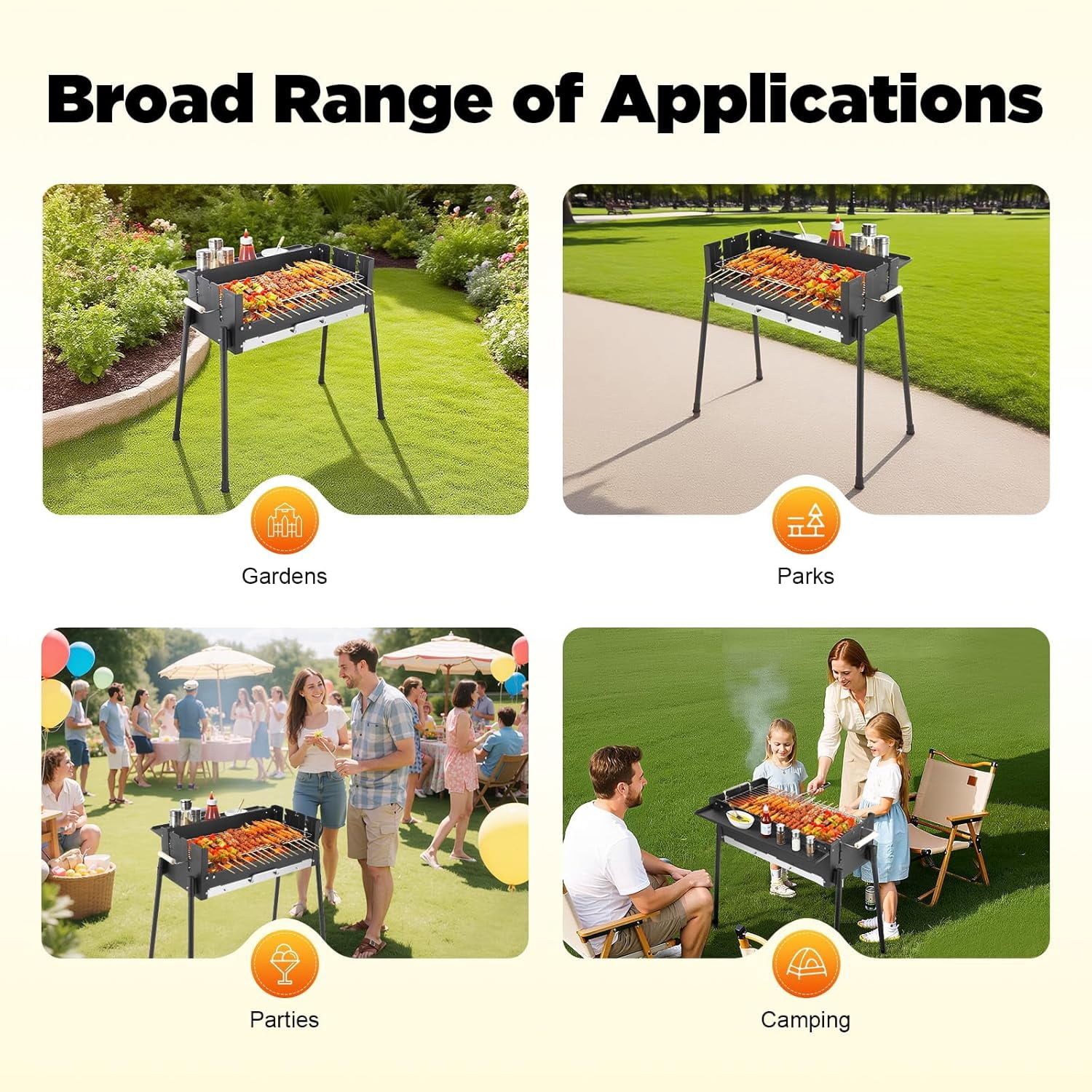 Portable Charcoal Grill, Folding BBQ Grill with 3 Adjustable Height Levels &Side Table, Stainless Steel & Iron Outdoor Grill for Camping, Tailgating, Backyard, Picnic, Fits 3-8 People 25.79" x 11.42"