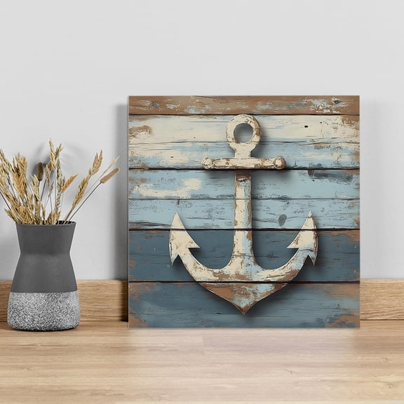 Vintage Anchor Wall Art Painting on Canvas, Retro Farmhouse Nautical Wooden Canvas Art Home Prints Wall Art Framed Modern Artwork for Living Room Bedroom Wall Decor 8x8in