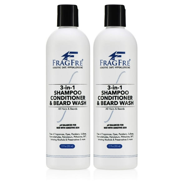 FRAGFRE 3 in 1 Shampoo Conditioner and Beard Wash for Men 12 oz (2-Pack Gift Set) - Unscented Beard Wash for Sensitive Skin - One Step Hair Beard Cleansing and Conditioning - Saves You Time and Money
