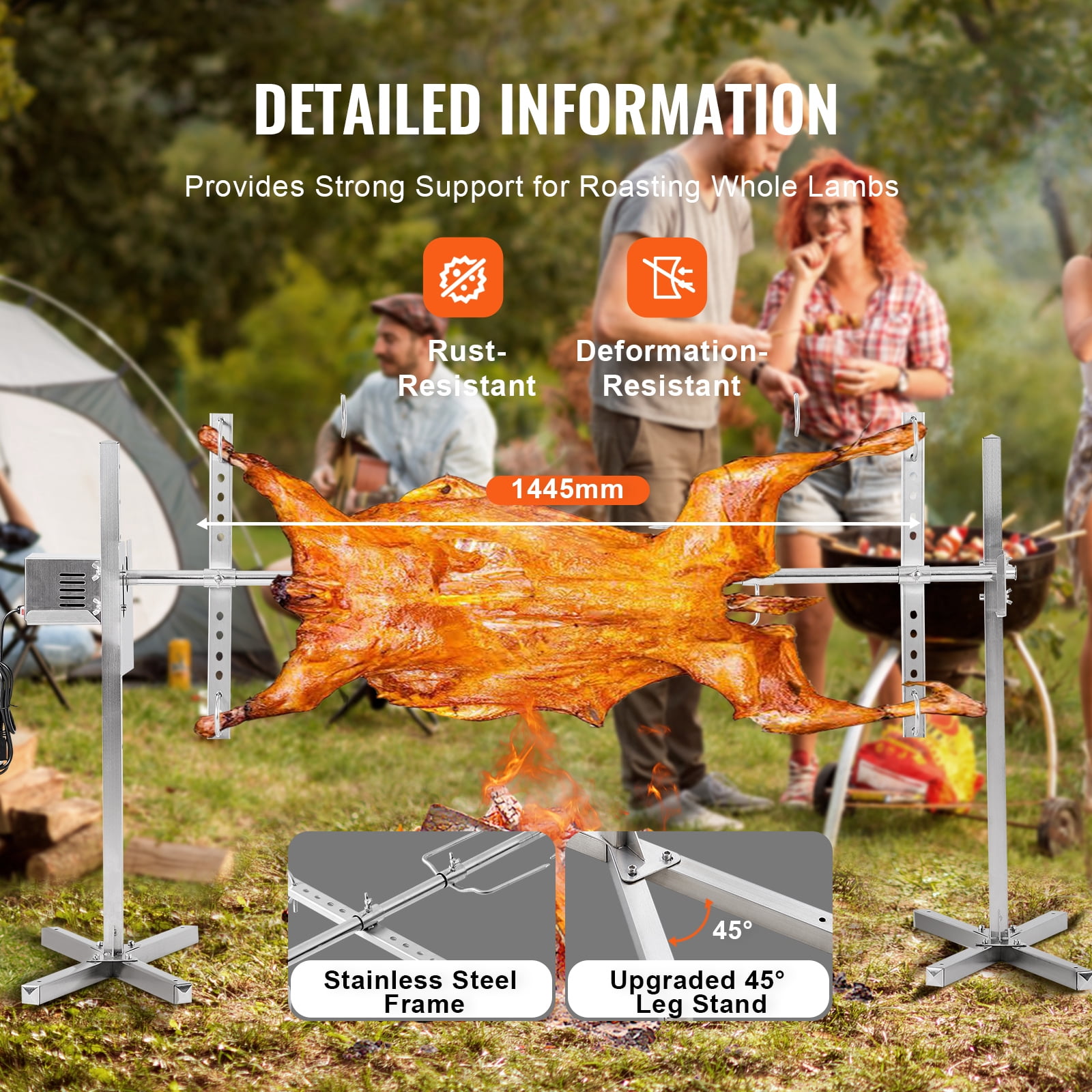 KFFKFF Electric Rotisserie BBQ Kit, 56" with 132 lbs Load, 52W Auto Motor, Adjustable Height, Universal Fit Stand, Stainless Steel, Includes Spit Rod & Heat Guard for Pork & Lamb