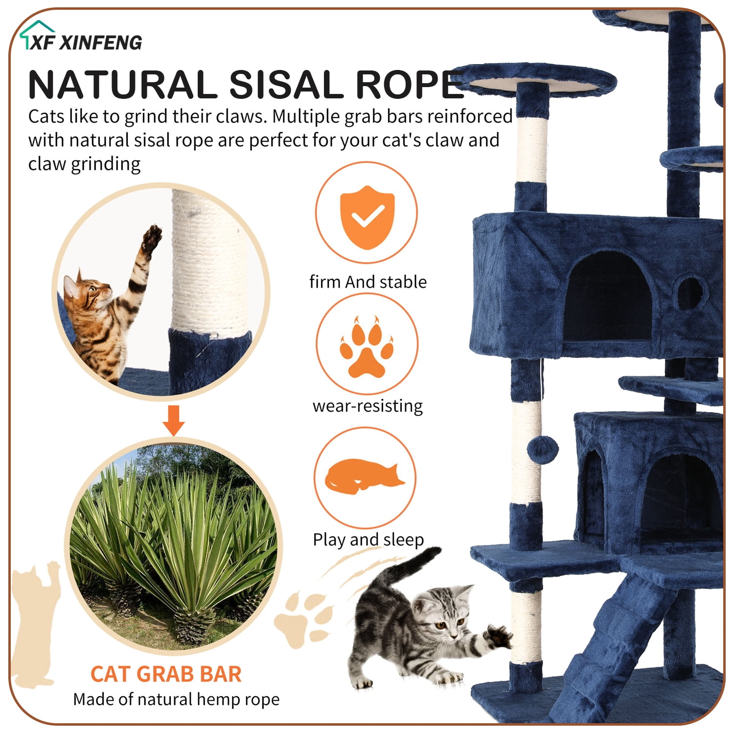 XF XINFENG 70 Inch Cat Tree Tower for Indoor Relaxing Climb Multi-Level Cats  Furniture Activity Center with Cat Scratching Stand House Cat Condo with Funny, Navy Blue