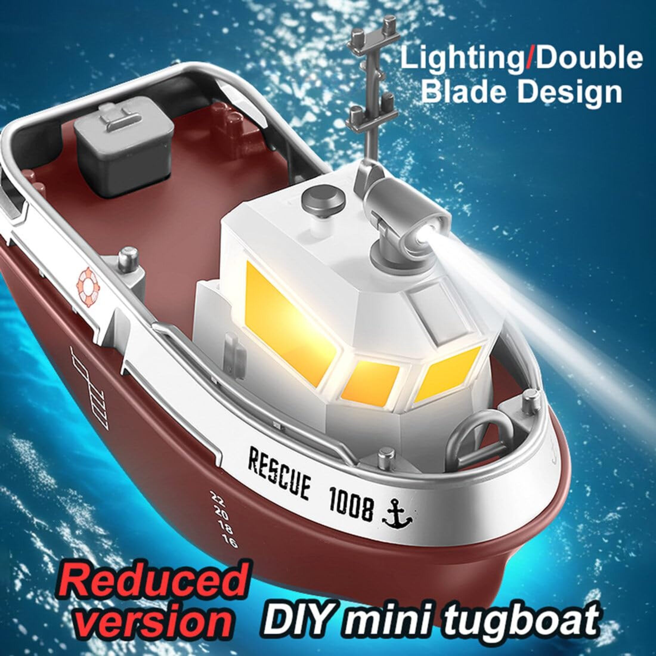 RC Rescue Ship, Funtogether Toys, Tugboat with Working Lights & Dual Propellers, Rechargeable Pool Toy