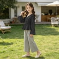 thumbnail image 5 of SGFCWSX Girls 2 Piece Outfits Bell Sleeve V Neck Peplum Tops Striped Wide Leg Pants Casual Clothes Set Black Size 15, 5 of 8