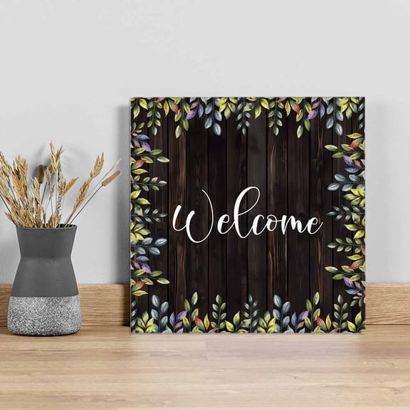 Welcome Leaf Wall Art Painting on Canvas, Pastoral Summer Botanical Wooden Brown Canvas Art Home Prints Wall Art Framed Modern Artwork for Living Room Bedroom Wall Decor 8x8in