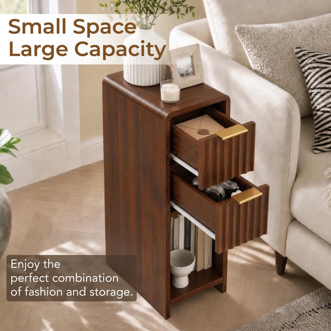 Spruce & Spring Fluted Slim Side Tables Set of 2 with 2 Drawers & Open Shelf for Living Room, End Table for Small Spaces, Walnut