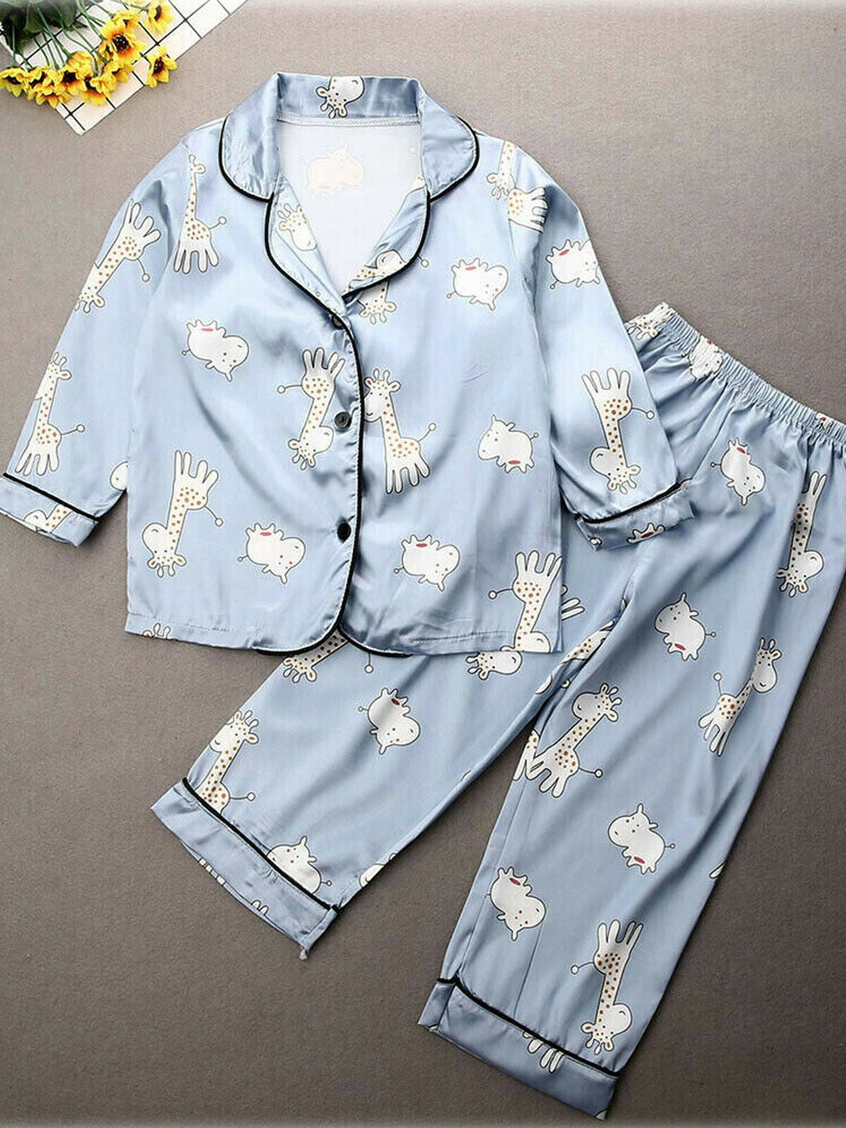 Girls Boys Unisex Silk Pajamas Pyjamas Kids Loungewear Sleepwear Set Nightgown