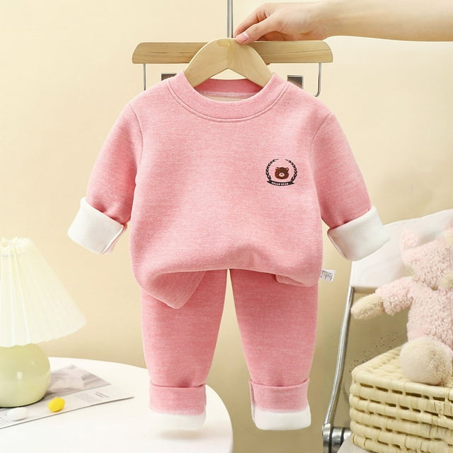 Conjuntos de blusas y camisas de cuello redondo y manga larga para niños con estampado forrado de vellón para mayor calidez Conjunto de ropa de dormir de manga larga con cuello redondo para el hogar d