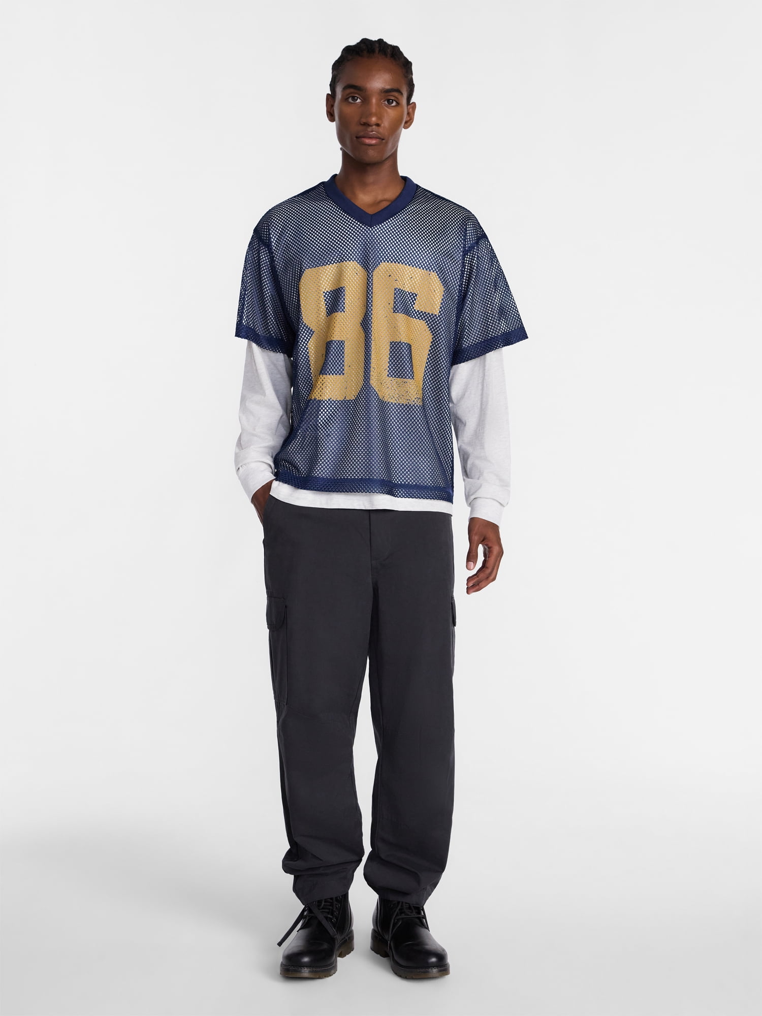 No Boundaries 90s Layered Look Mesh Jersey with Long Sleeves Tee Shirt, Men's XS-5XB