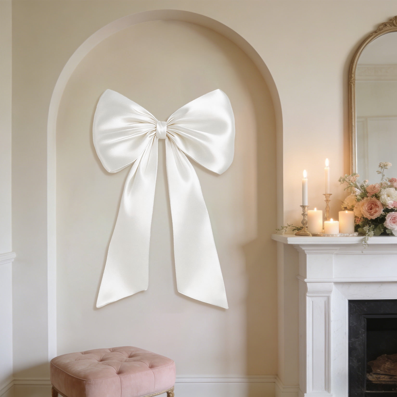 2 Pack Large Satin Bow Decorations 40 x 24 inch, Pre-Shaped Oversized Ribbon Bows for Wedding, Party, Gift Wrapping, Wall & Room Decor, Reusable, White