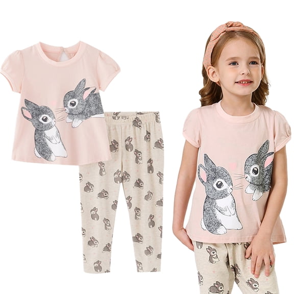 WOLLED 2PCS Baby Toddler Girls Cartoon Short Sleeve T-Shirt Set Kids Soft Comfort Shirt Tops Long Pants Outfit Summer Casual Crewneck T-Shirt Tops Long Pants for 1-7Y