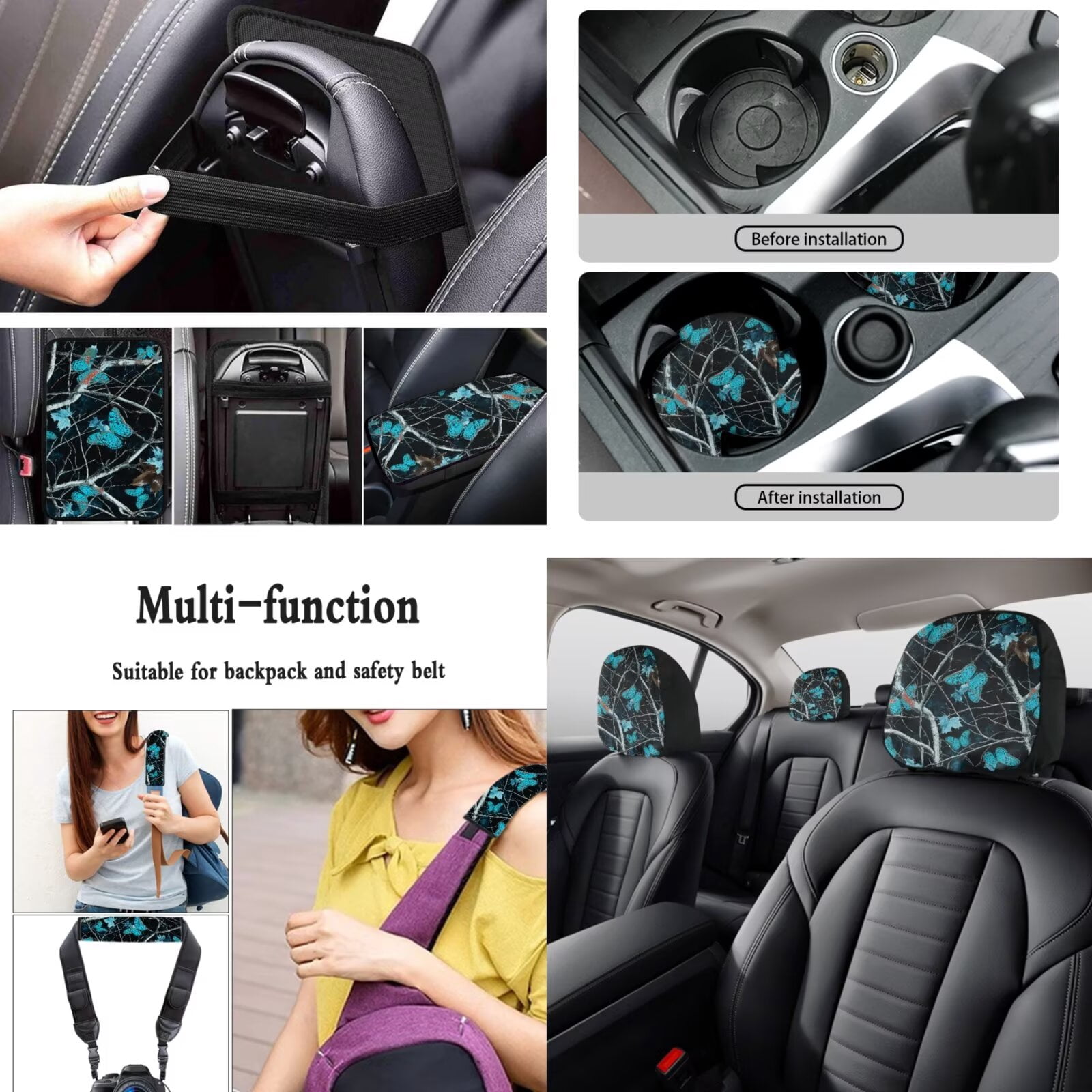 LedBack Butterfly Hunting Car Seat Cover Full Set with Car Armrest Pad Covers Non Slip Steering Wheel Covers Head Rest Covers for Cars Breathable Auto Seat Covers 15 PCS Car Accessories Set