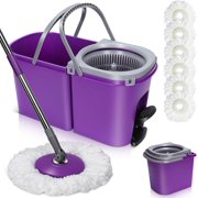 Mop and Bucket with Wringer Set, Detachable Easy Wring Spin Mop and Bucket with Foot Pedal, 47" Stainless Steel Handle & 6 Microfiber Mop Heads, Wet Dry Mop for Floor Cleaning-Purple
