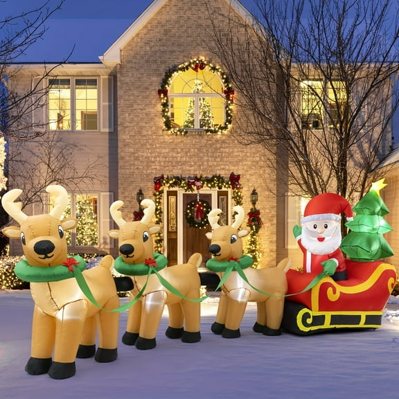 14ft Giant Christmas Inflatable Santa on Sleigh with 3 Reindeer - LED Lighted | Indoor/Outdoor Yard/Home Party Decor | Festive Xmas Holiday Blow-Up Decoration