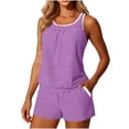 thumbnail image 5 of Costeam Womens Contrast White Trim Spaghetti Strap 2 Piece Outfit Set Loose Sleeveless Tank Top and Pull On Shorts with Side Pockets Elastic High Waist Solid Color Casual Matching Loungewear Suit, 5 of 9