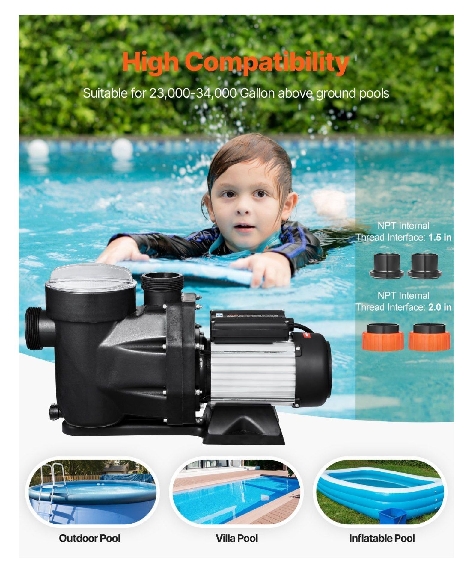 1.5HP Pool Pump Above Ground, 122 GPM Single Speed 220V - Hot Tub, Spa & Irrigation Pump - with Copper Motor & Corrosion Resistant Shell 220 V