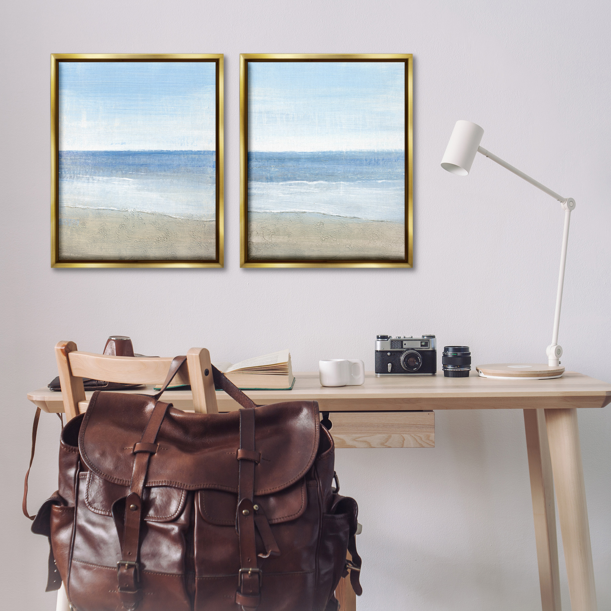 Stupell Industries Coastal Seafoam Beach Waves Nature Painting Gold Floater Framed Canvas Art Print Wall Art, 25 x 31, Set of 2