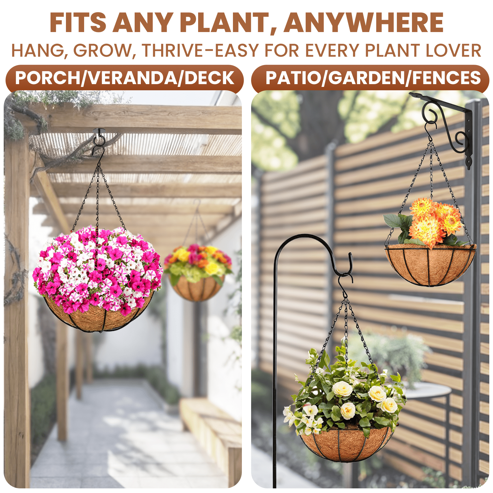 Diigabo 3-Pack Metal Hanging Planter 10-Inch Baskets Coconut Coir Liners Rustproof Iron Frame with Hook for Indoor Outdoor Porch Garden Décor