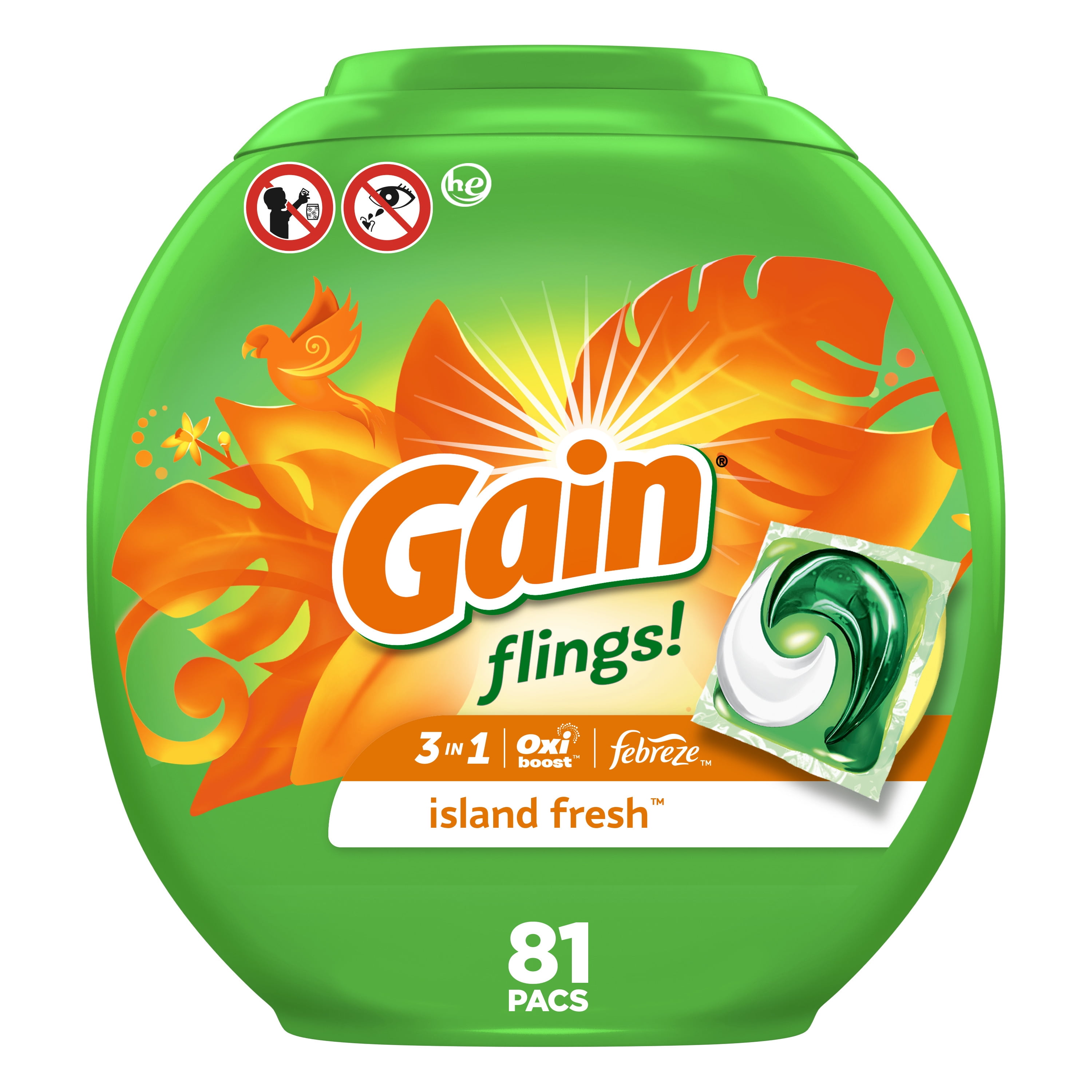 Gain Flings Liquid Laundry Detergent Pacs, 81 Ct, Island Fresh Scent