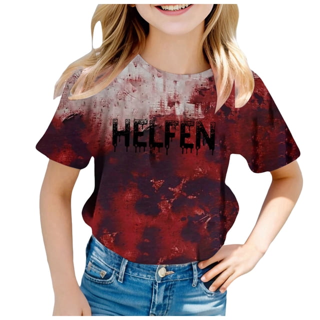 2DXuixsh Chemises Filles Enfants Filles T-Shirt Imprimé Rétro Manches Courtes Col Rond Décontracté Ample Basique Hauts Tenues Automne Bleu Clair Taille 110