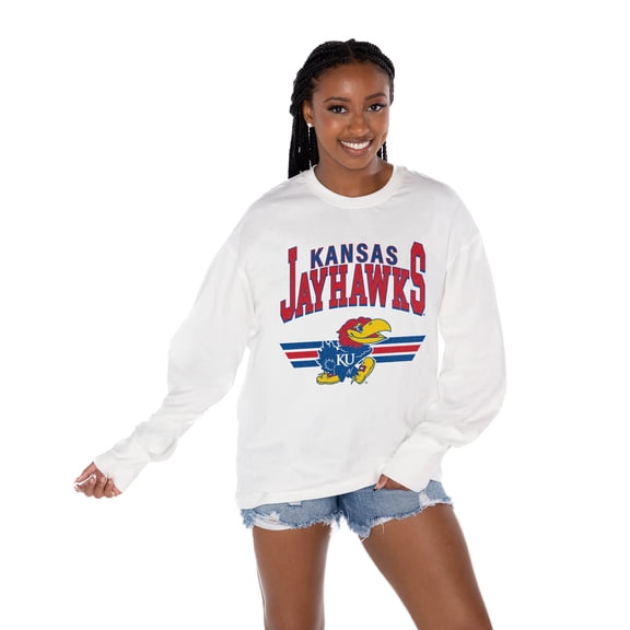 Women's Gameday Couture White Kansas Jayhawks Oversized Swift Strike Long Sleeve T-Shirt