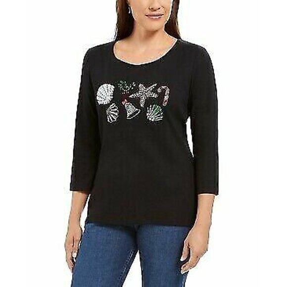 Karen Scott Embellished 3/4-Sleeve Top,