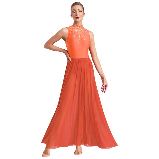 Raenseen Costume de Danse Lyrique Long Maxi pour Femmes Robe de Danse Moderne Contemporaine Sans Manches Tenue de Danse Orange G