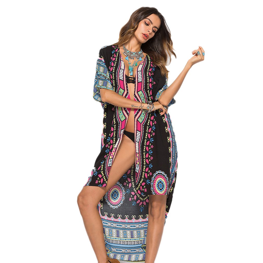 Summer Dress Cardigan Retro Print Beach 