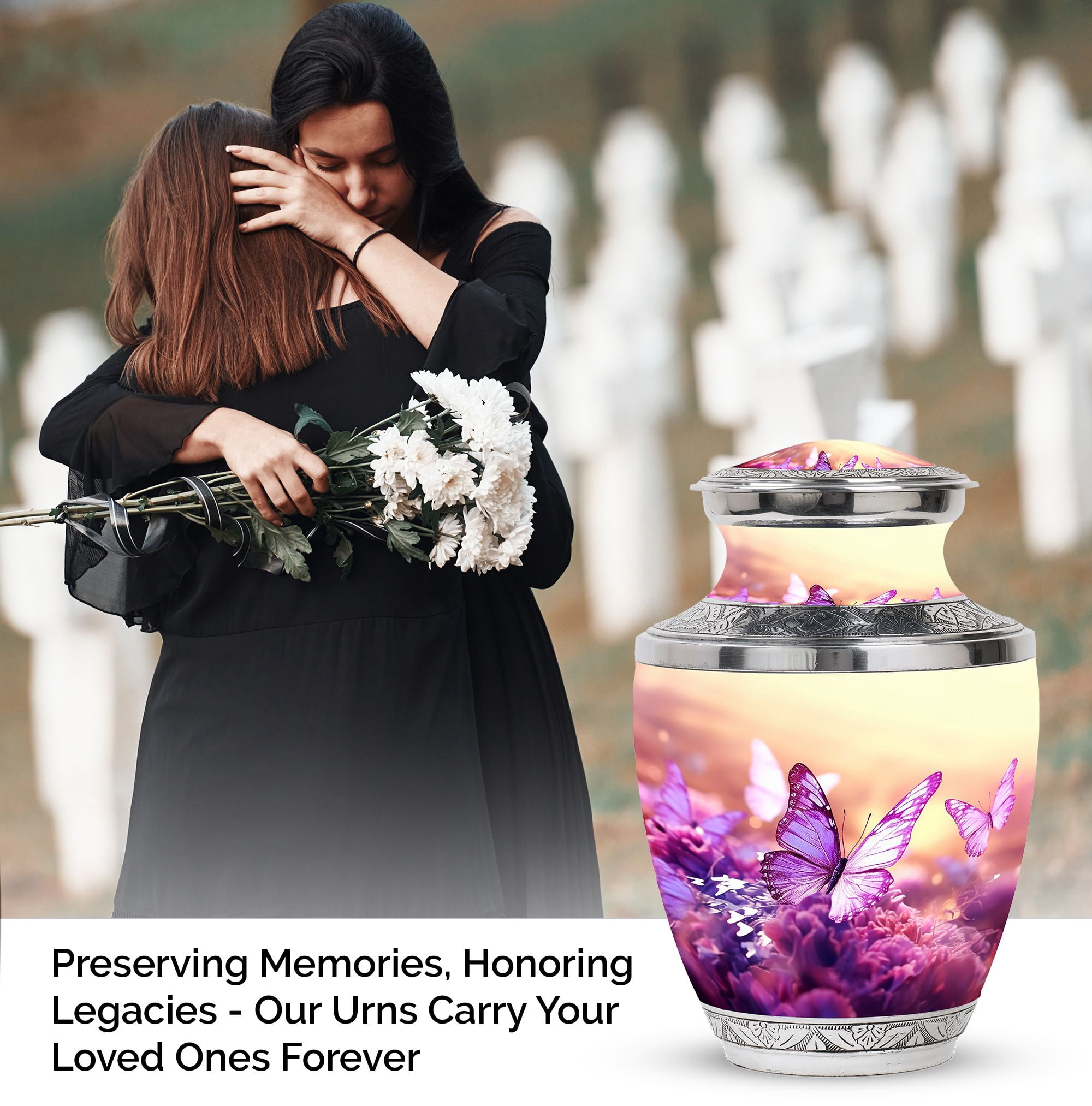 Purple Butterfly Unique Urns For Human Ashes Adult Father - Memorial Small Urn For Ashes Adult Women - Large Burial Gifts For Decorative Combo 10Inch 200Lbs And 3Inch 4 Keepsake