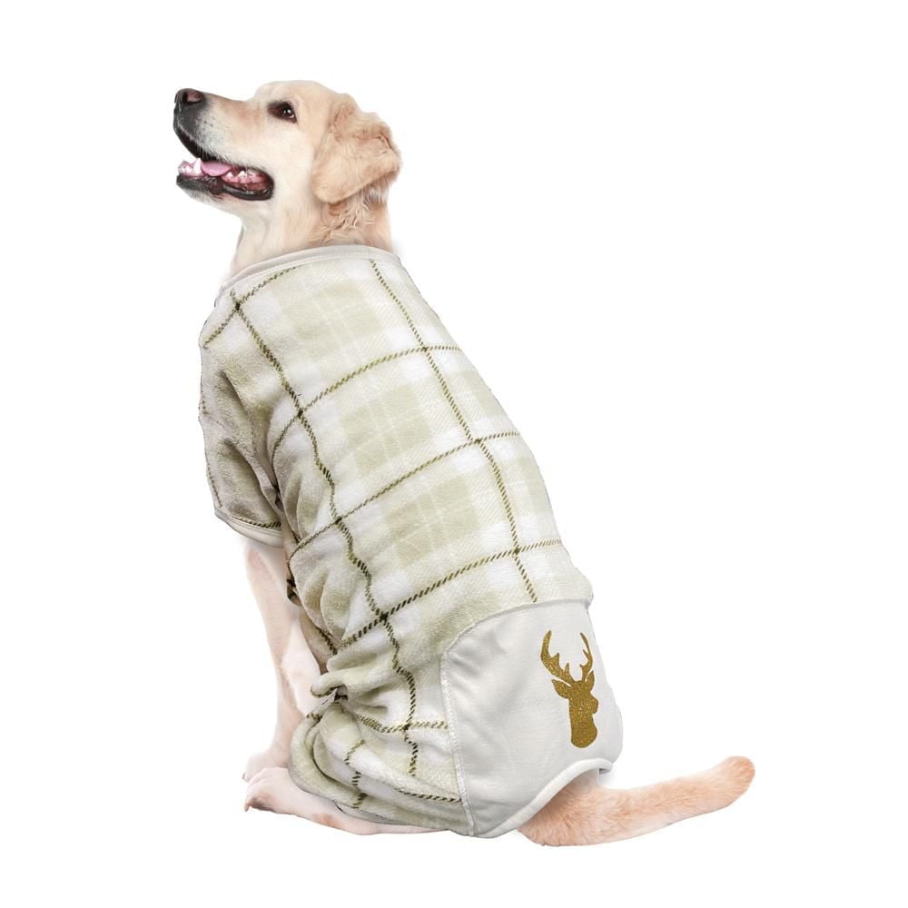 Way to Celebrate Dog Clothes: Fleece Pajama for Dogs, Ivory Plaid with Reindeer Glitter Screenprint, Size XS-XL