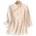 thumbnail image 4 of thefmos Women's Mandarin Collar Embroidered Blouse 3/4 Sleeve Solid Color Casual Top Trendy Spring Fall Outfit, Pink 3XL, 4 of 6