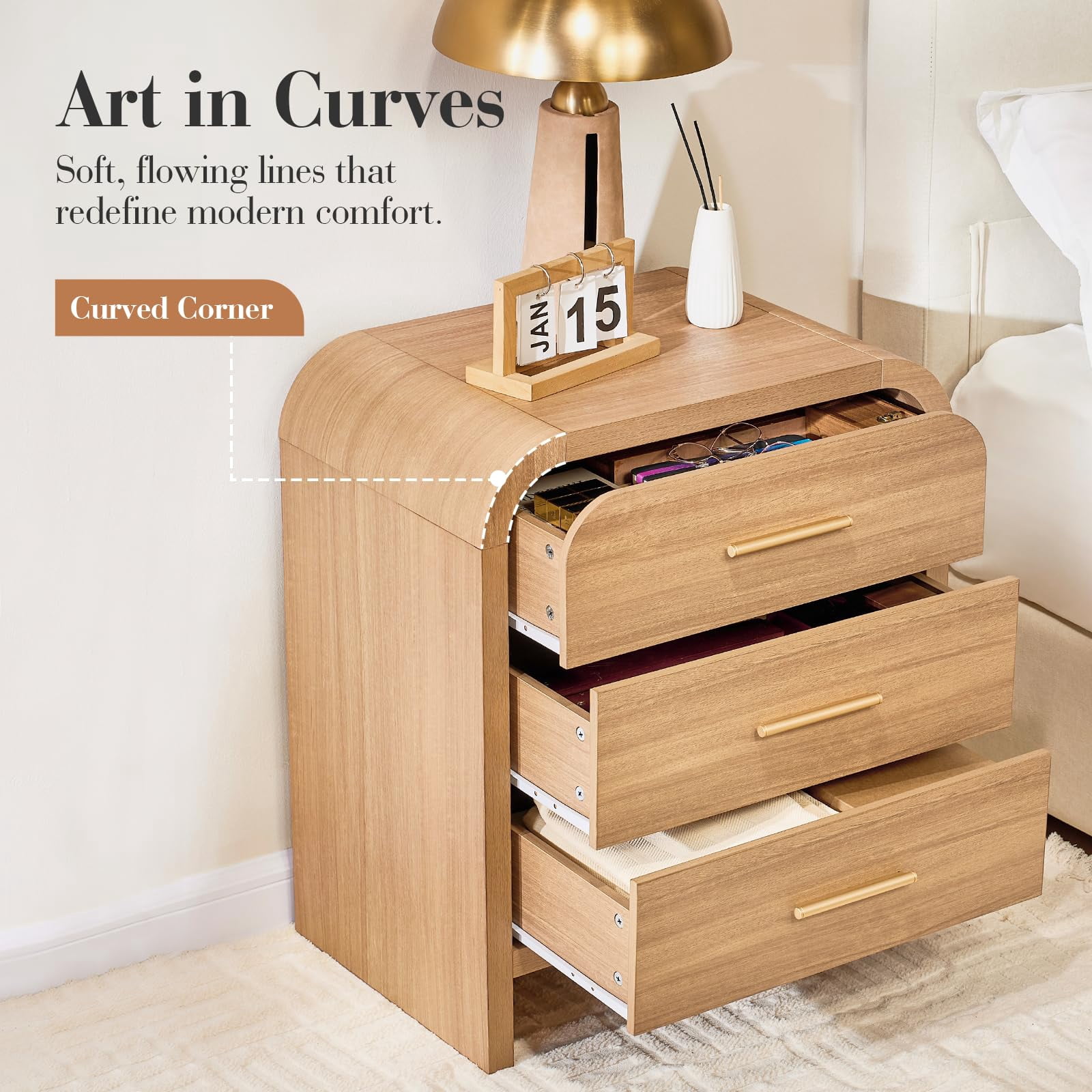 Vintagearth Nightstand 26.7" Tall Modern Curved Bedside Table, FSC-Certified Wood End Table, 3 Drawer Storage, Oak