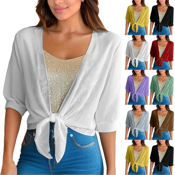 Frostluinai Women Tie Front Chiffon Shrug Half Sleeve Cropped Sheer Bolero Shrug Cardigan Lightweight Summer Dressy Casual Cardigans