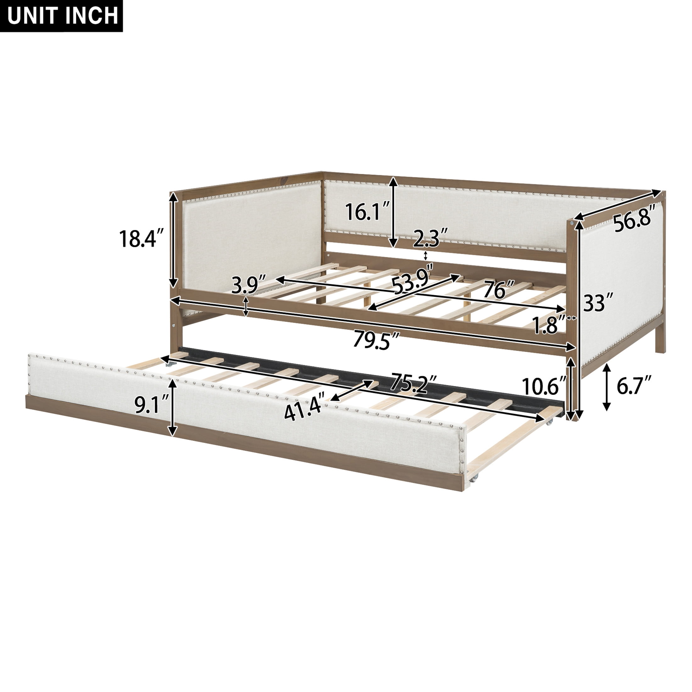 Noble House Dover Full Upholstered Daybed, Linen Guest Bed with Twin Trundle and Nailhead Trim, Wood & Beige
