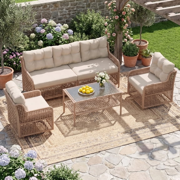 UDPATIO Patio Conversation Set, Rattan Wicker Furniture, 4 Piece Outdoor Sectional Set with Coffee Table & All-Weather Wicker, Beige