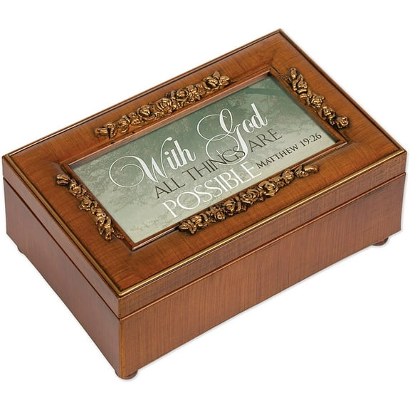 Cottage Garden with God All Things are Possible Woodgrain Embossed Jewelry Music Box Plays Amazing Grace