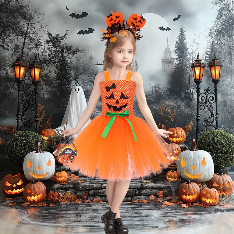 Little Girls Orange Halloween Costume Kit – Includes Tutu, Pom Pom Headband, Glasses, Mustache & Gloves (Ages 3-8)