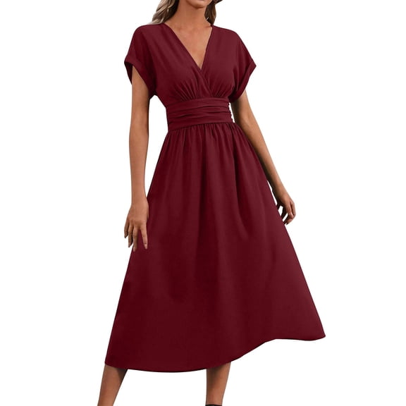 Kukoosong Women's Summer Casual Solid Color V-Neck Short Sleeve A-Line Tea-Length Dresses with Pocket and Elastic Waist Dresses