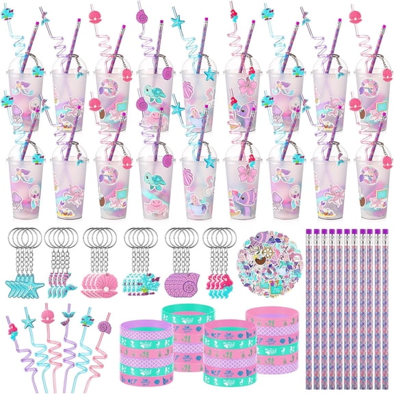 194 Pcs Mermaid Party Favors Goody Cup Fillers, Mermaid Birthday Party Decorations Straws Keychains Pencils Bracelets for Goodie Bag Stuffer, Classroom Rewards, Pinata Supplies, Baby Shower