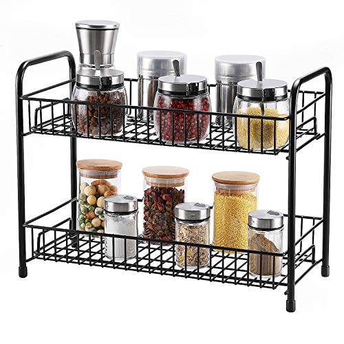 Black 2-Tier Foldable Shelf Rack Kitchen Bathroom Countertop Spice Rack 2-Tier Standing Storage Organizer Spice Jars Bottle Shelf Holder Rack