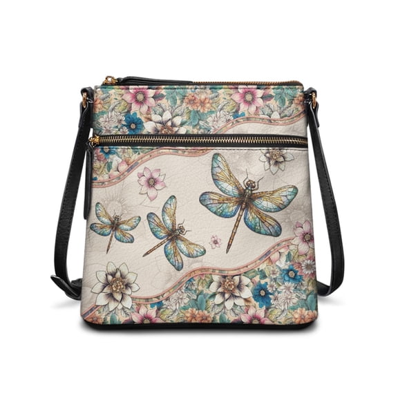 Kuiaobaty Dragonfly Print Crossbody Bag for Women, Boho Mandala Flowers Print Shoulder Handbag with Adjustable Strap, Multi Pockets Leather Sling Bag Crossbody for Travel & Work