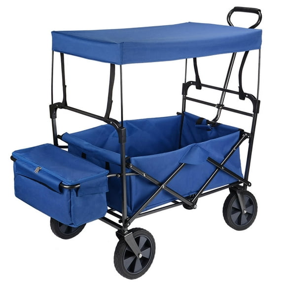 Folding Collapsible Wagon, Outdoor Utility Garden Shopping Cart with Canopy, Blue
