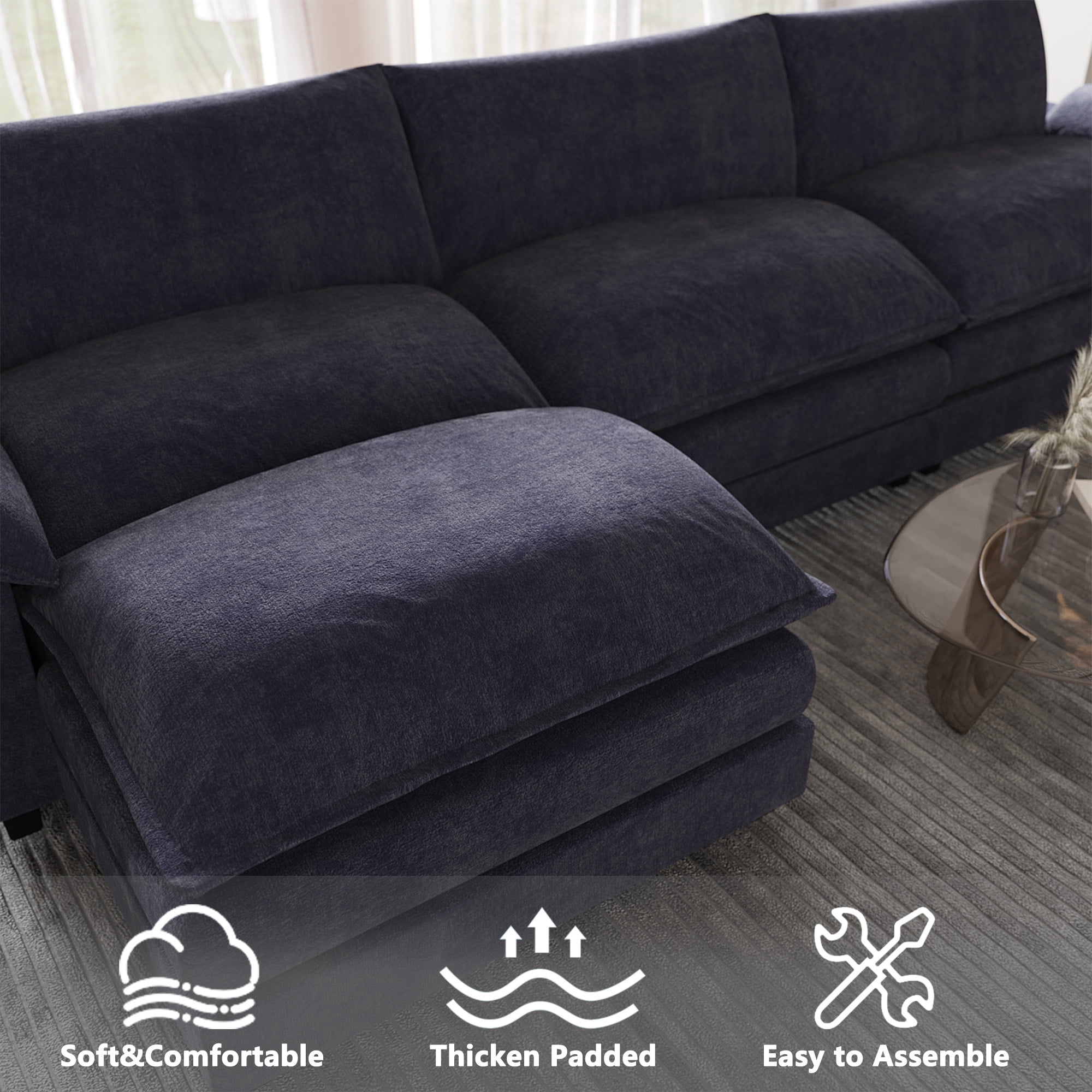 Furmax 3-Seat Sectional Sofa with Ottoman, Blue