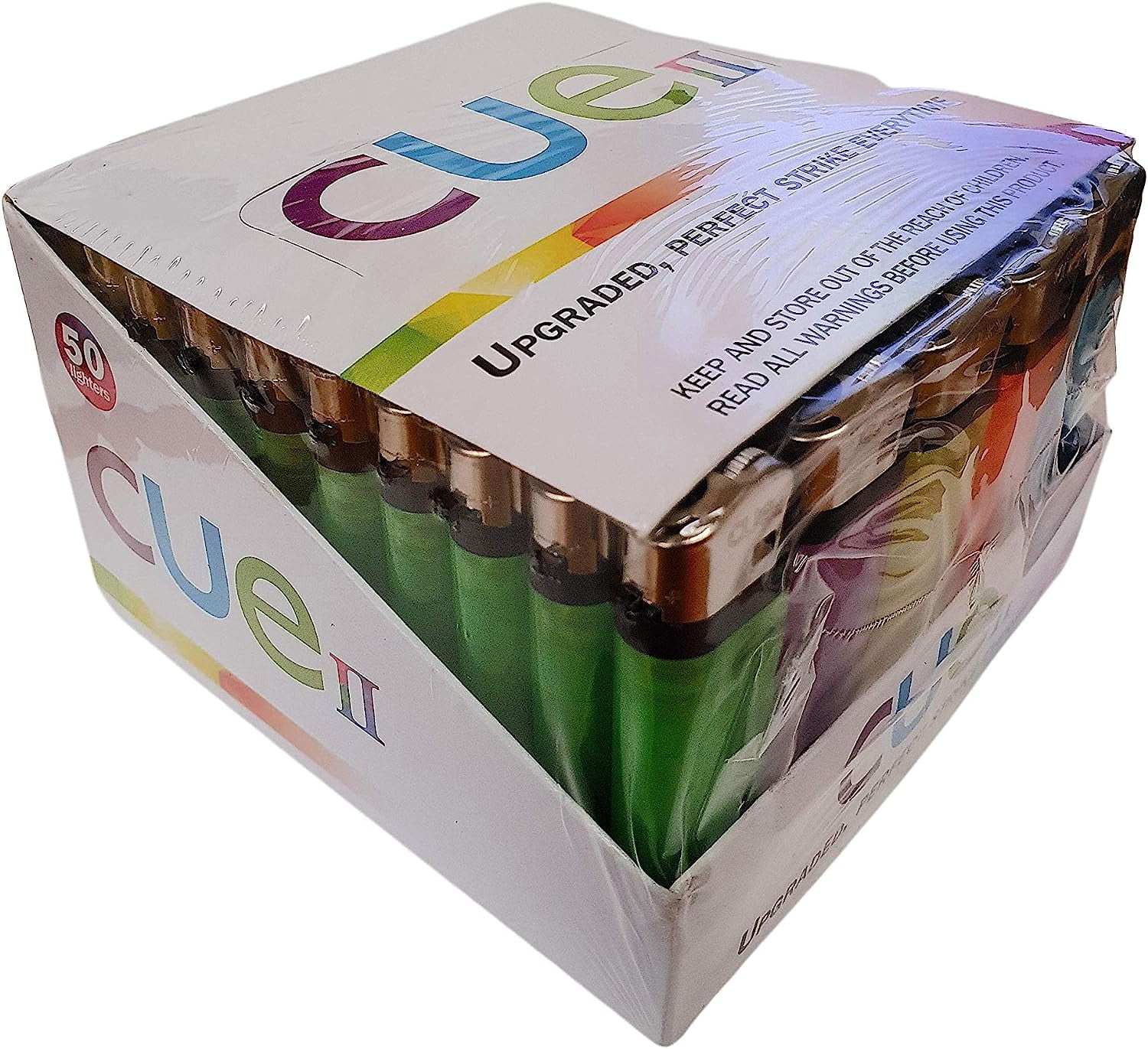 CUE II Classic Lighters, Assorted Colors, Regular Size, Long Lasting, 50-Count Tray
