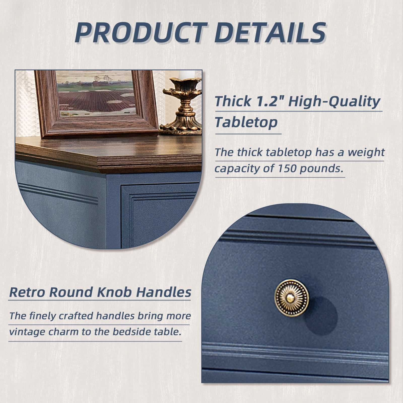 LELELINKY Wood 3 Drawer Nightstand, Large Beside Table Farmhouse Side Table for Bedroom Living Room, Closet (Dark Blue)