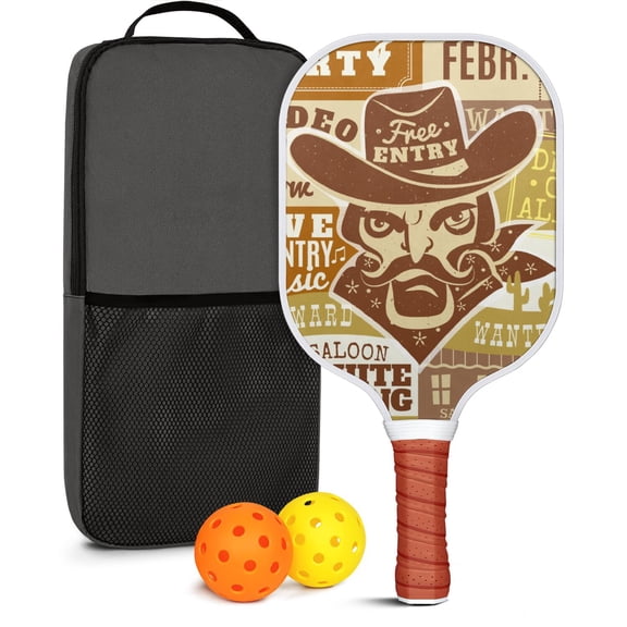 Pickleball Paddles Set Of 1, Fiberglass Surface, West & Cowboy Print, 1 Paddle, 2 Balls & Bag