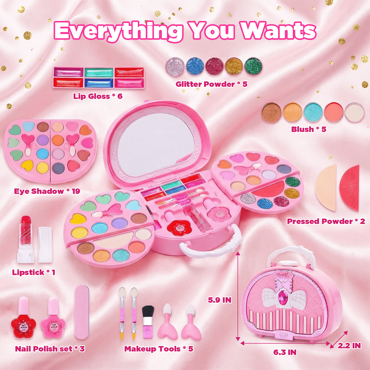 Kids Makeup Kit for Girl, Non-Toxic Toys Toddler Cosmetic With Mirror, Real Washable Kids Makeup Sets for Girls 5-8 Year Old Gifts