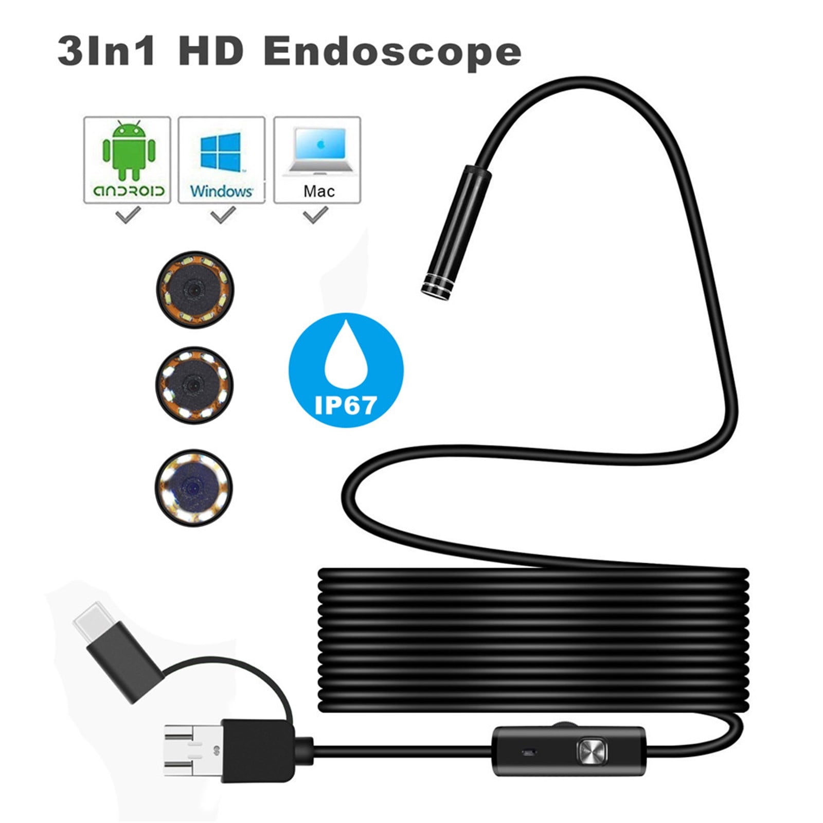 JilgTeok 3 Packs 3 in 1 Android Endoscope Camera 7mm HD Inspection Borescope with 6 LED Lights for Phone PC USB Waterproof Snake Camera for Plumbing Car Engine Repair