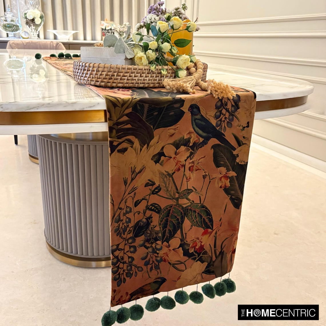 Rust Decorative 8 Seater Table Runner (16 x 108 inch) | Modern Velvet Floral Table Linen | Fall Hosting Pom Poms, Bird Table Runner for Party, Dining Table Décor - Fauna Flow