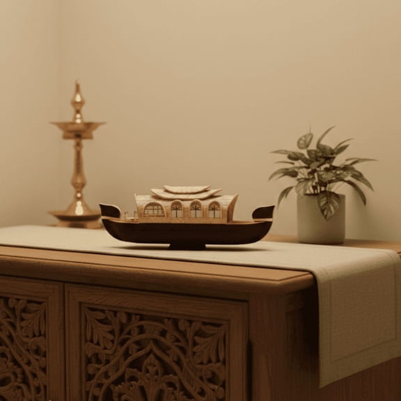 NATRIEL Traditional Kerala House Boat Model, Black and Gold Wooden Ketuvallam Miniature, Handcrafted Decorative Display Piece, (Kumarakam, 37x5x13 cm)